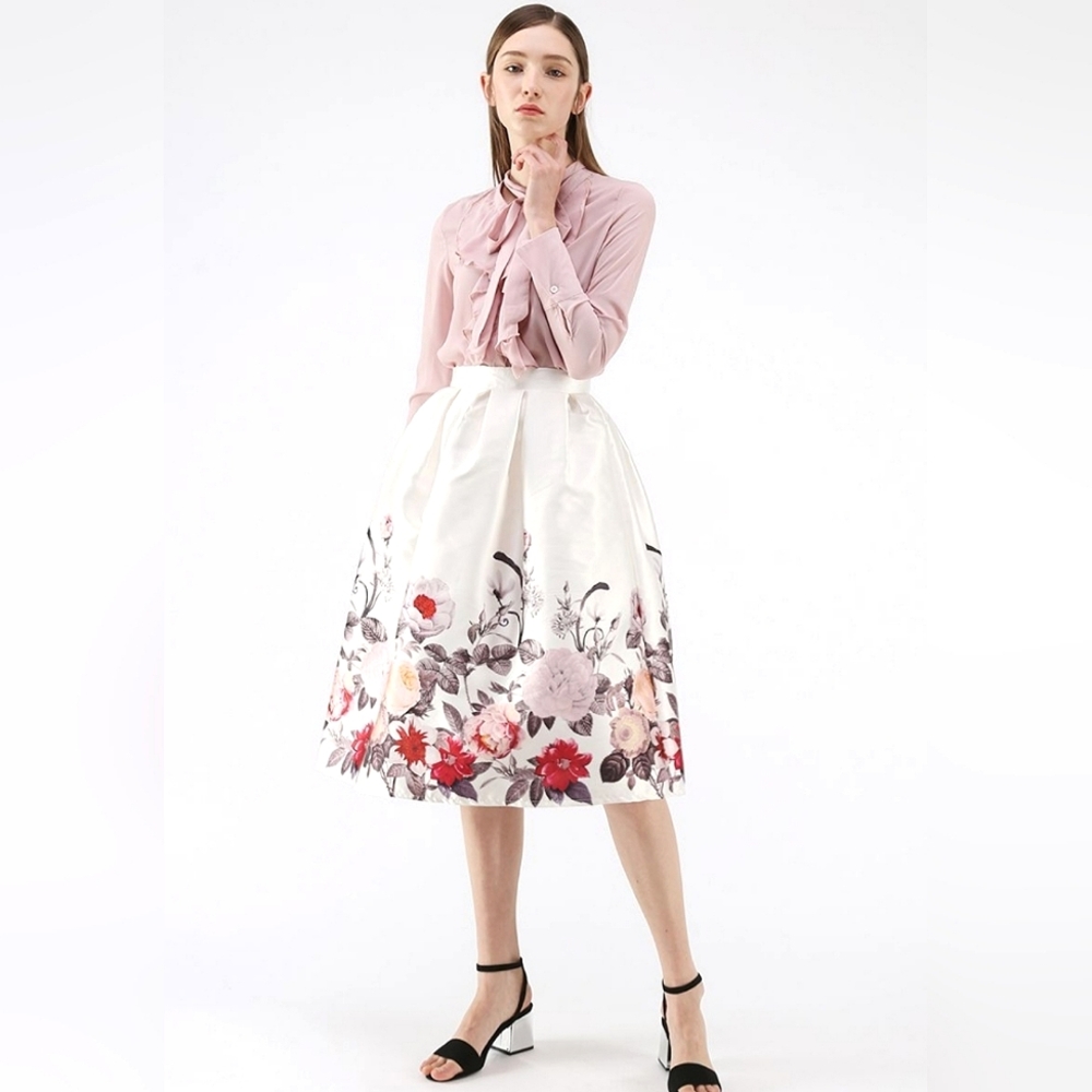 Chicwish full blooming flowers printed a-line midi skirt cream pink red Medium M